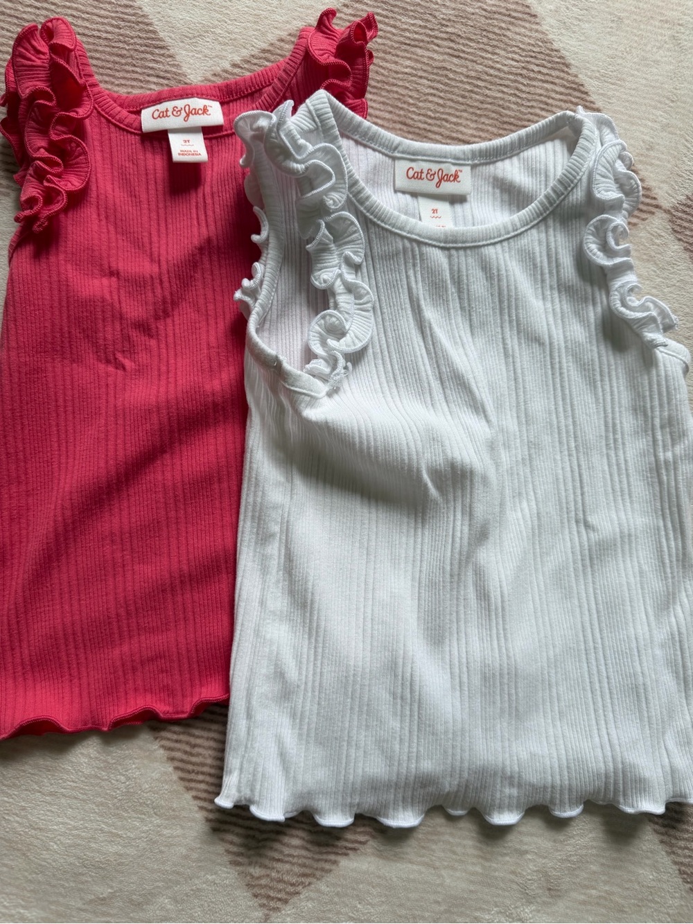 Cat & Jack Girls Ribbed Ruffle Tank Tops - Hot Pink & White